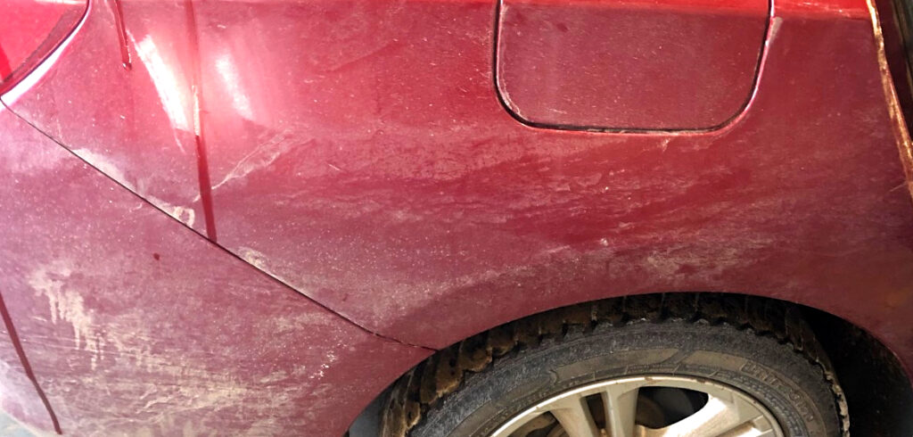 car out – before car exterior before being washed, road salt and dirt